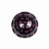 A black acrylic polyhedral die with pink numbers marked on its surface.
