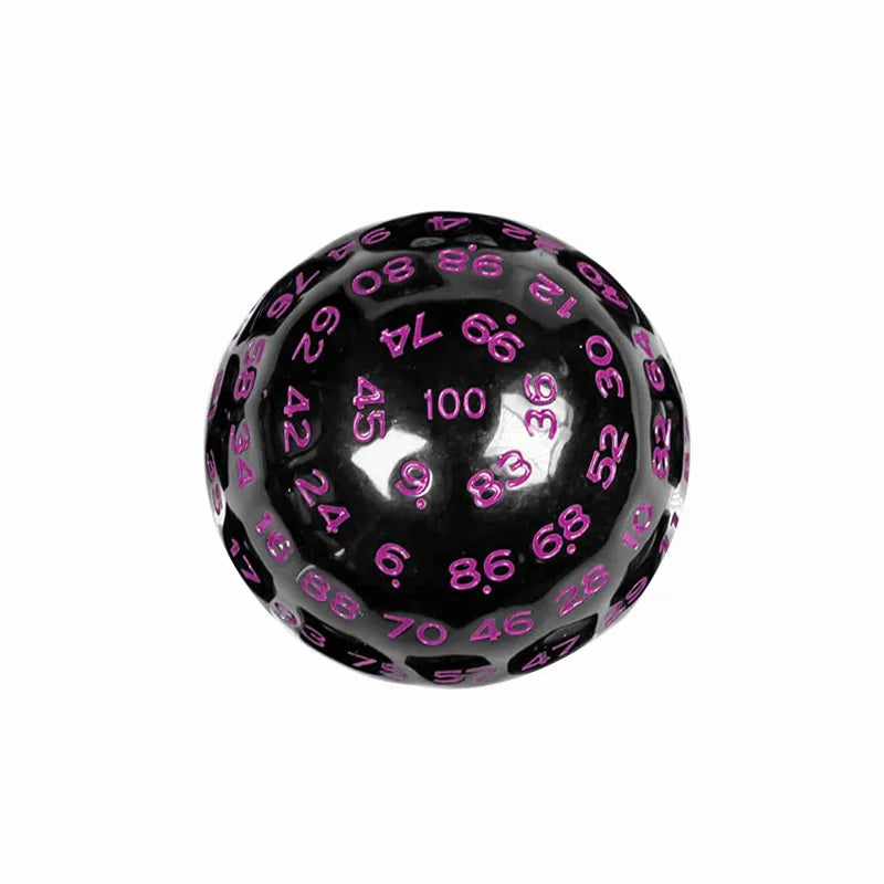 A black acrylic polyhedral die with pink numbers marked on its surface.