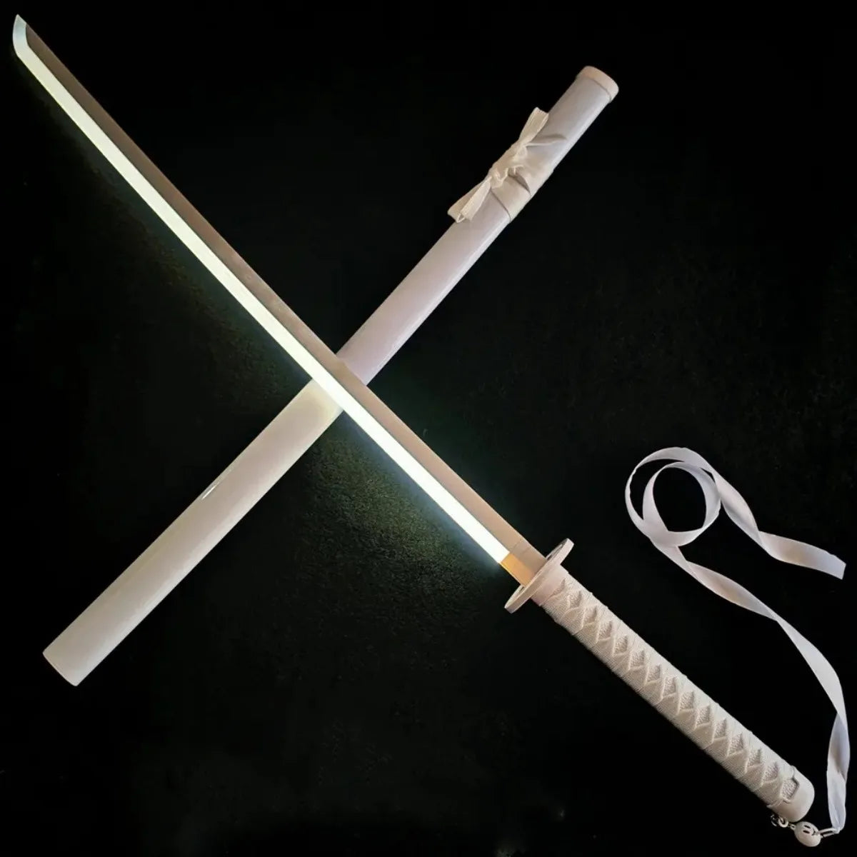 A white luminous anime katana with an LED blade is displayed diagonally against a dark background.