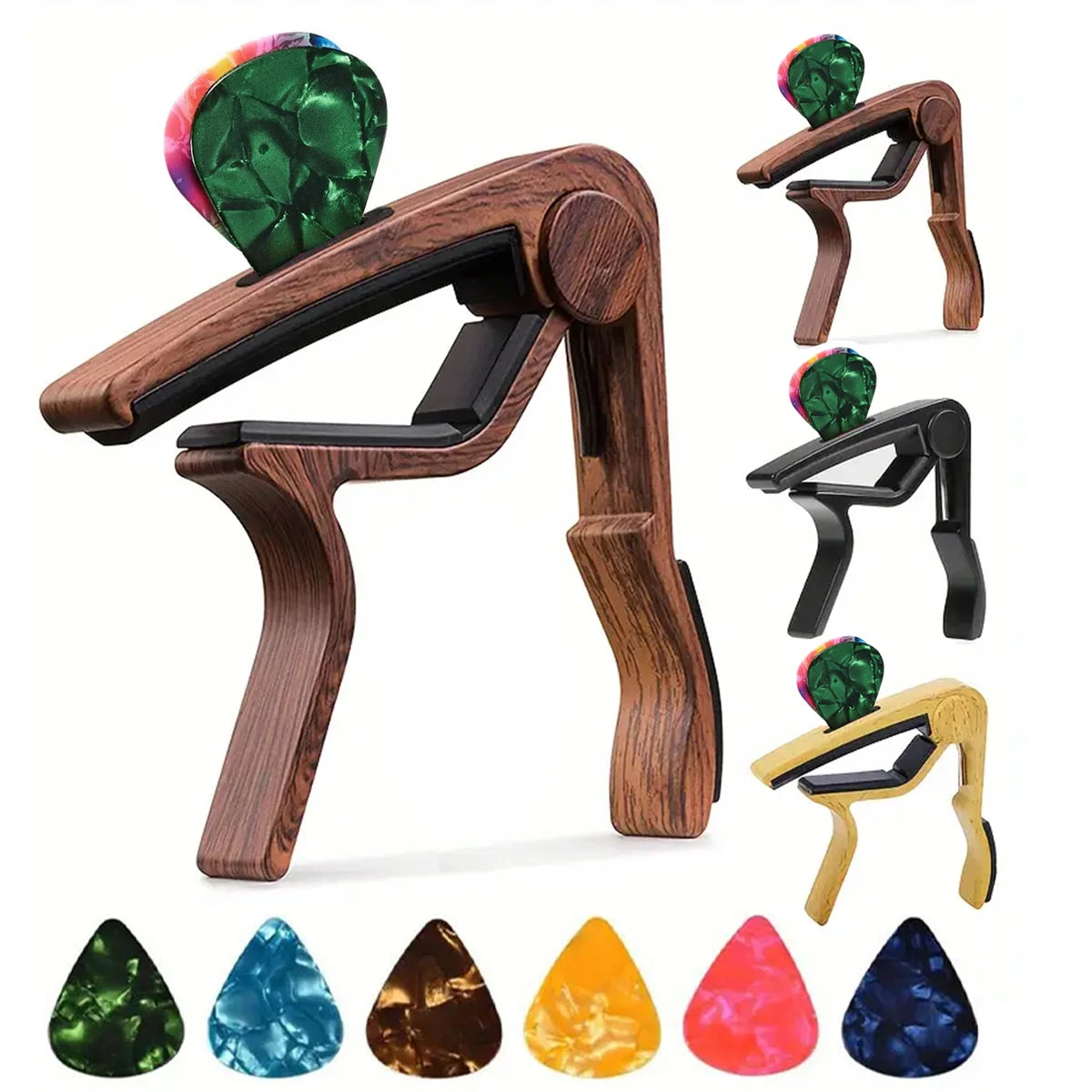 Zinc Alloy Guitar Capo with 5 Celluloid Picks — Fits Acoustic, Electric, Classical, and Ukulele