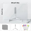A white glowing LED message board with a silver stand and a set of colored pens and an eraser.