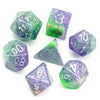 A set of premium glitter resin polyhedral dice in various colors and shapes for tabletop role-playing games