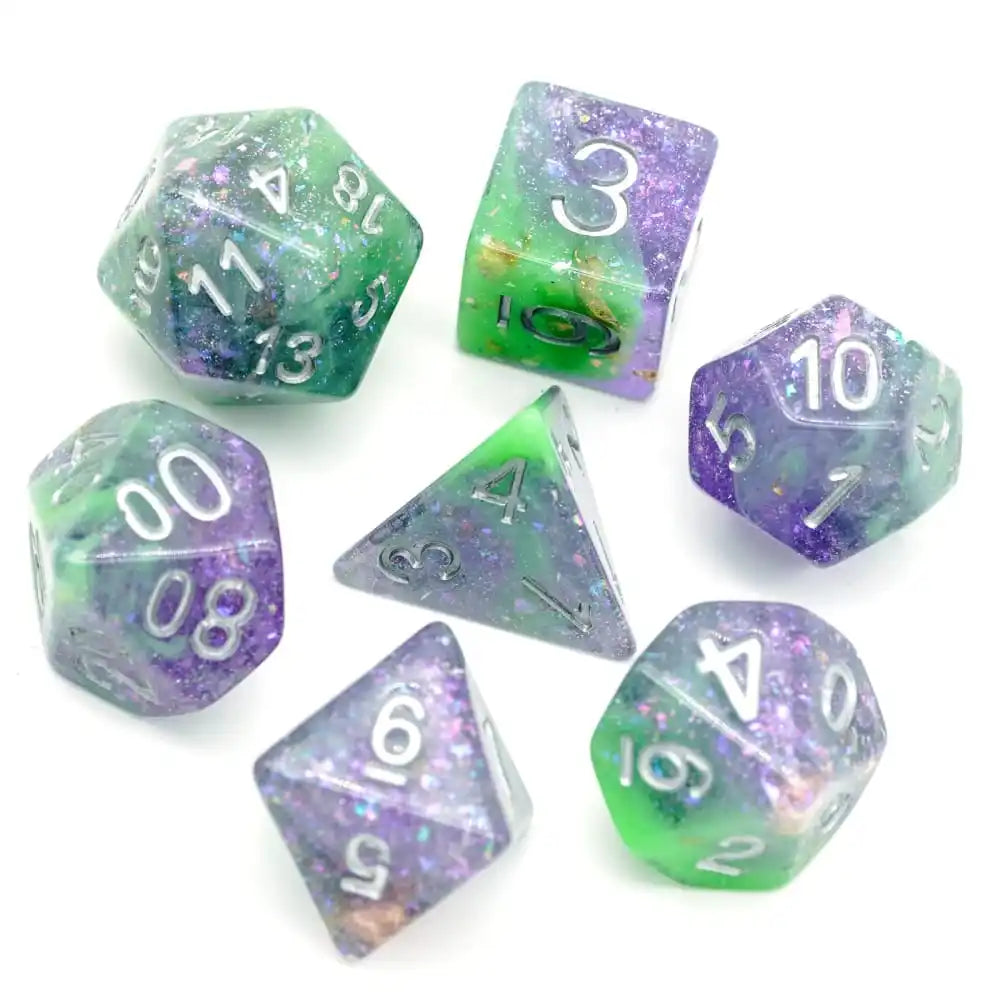 A set of premium glitter resin polyhedral dice in various colors and shapes for tabletop role-playing games