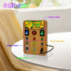 A wooden busy board with six LED switches and a button switch, featuring various colored buttons and a plug-in USB cable.