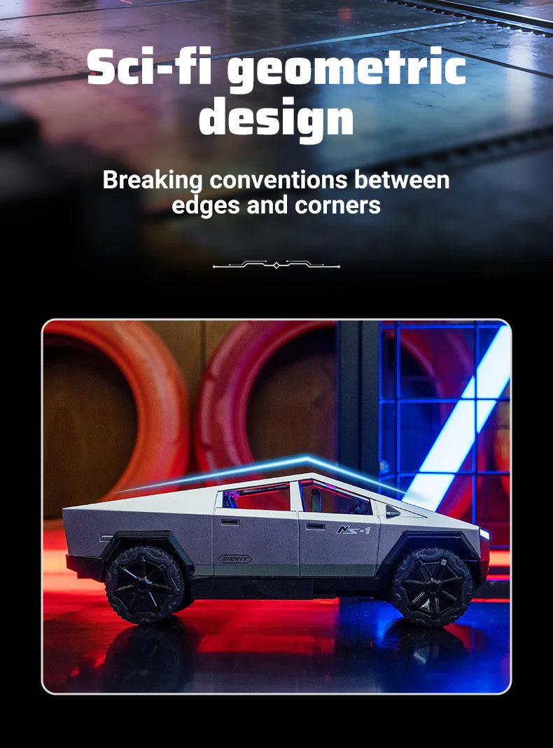 A white high-speed off-road RC cyber truck with LED lights is shown in a studio setting.