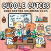 A colorful illustration of cute animal characters in lab coats and cozy scenes for a coloring book.