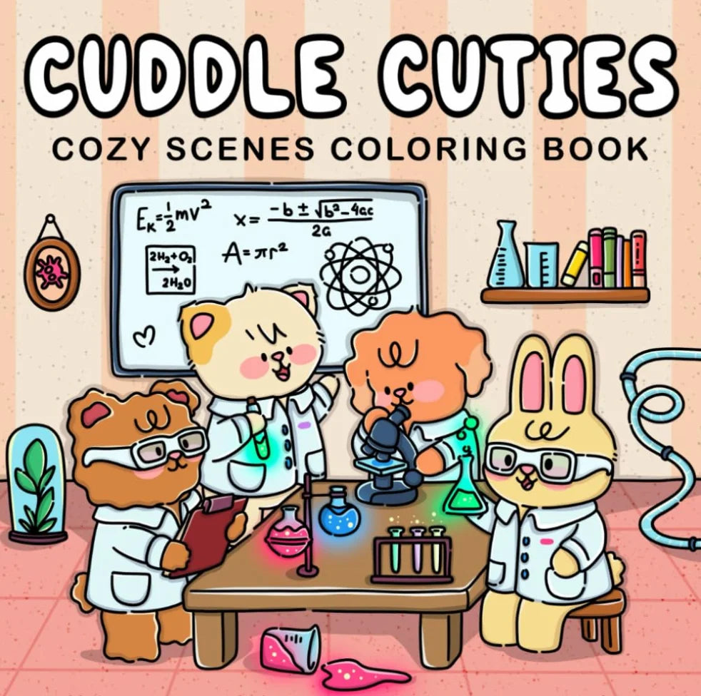 A colorful illustration of cute animal characters in lab coats and cozy scenes for a coloring book.