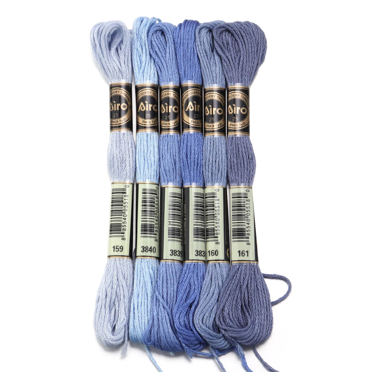 A set of six skeins of vibrant embroidery thread in various shades of blue and purple for cross stitch and DIY crafts