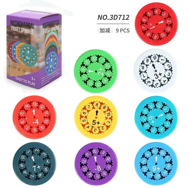 A set of nine colorful math fidget spinners in various colors and designs for educational play