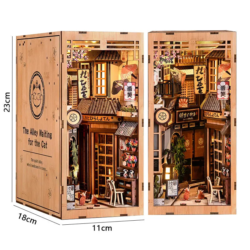 DIY wooden book nook kit featuring a detailed Japanese alley miniature scene with built-in LED lights