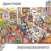 A colorful illustration of a jigsaw puzzle scene featuring people and objects, with text indicating piece counts from 500 to 