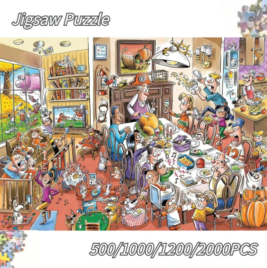 A colorful illustration of a jigsaw puzzle scene featuring people and objects, with text indicating piece counts from 500 to 
