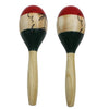 A pair of hand-painted wooden maracas with red and black painted tops and light wood handles.