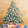 A festive Christmas tree decorated with ornaments, surrounded by wrapped gifts and sparkling light.