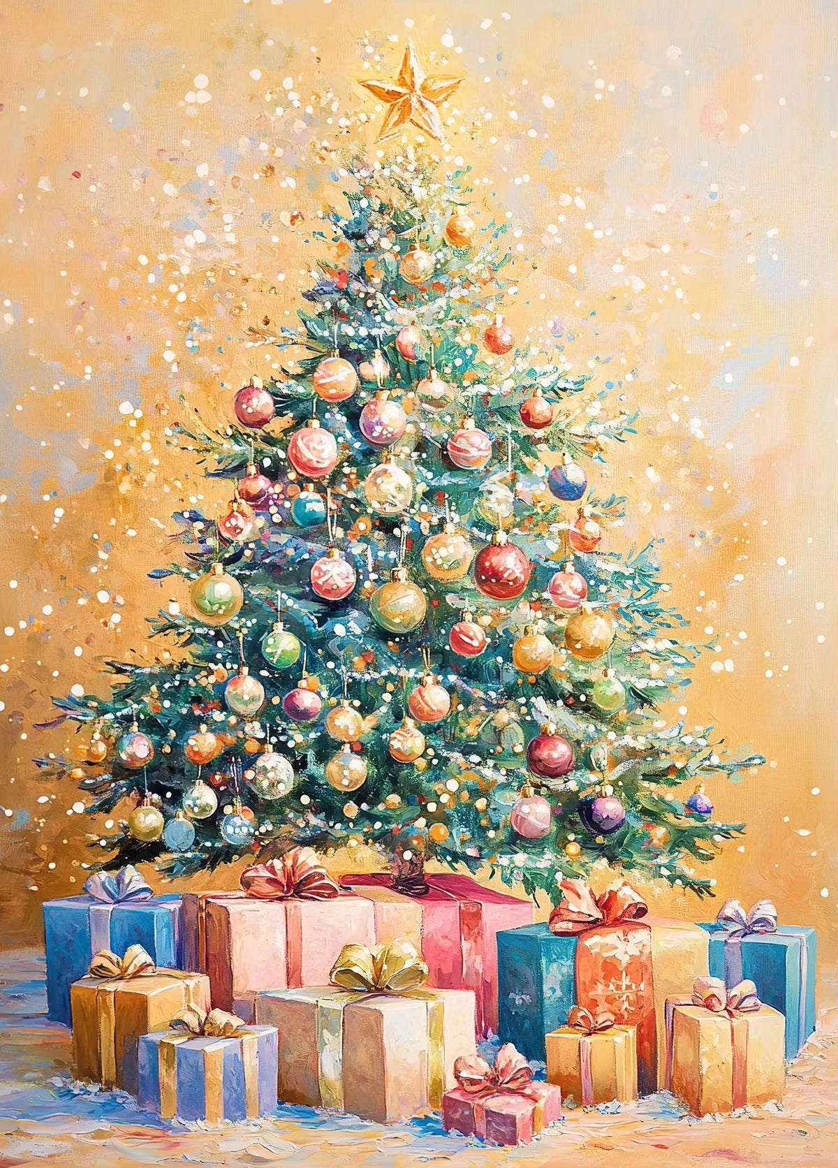A festive Christmas tree decorated with ornaments, surrounded by wrapped gifts and sparkling light.