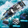 Un bateau RC LED haute performance coupe l'eau bleue, mettant en évidence son moteur à double direction durable