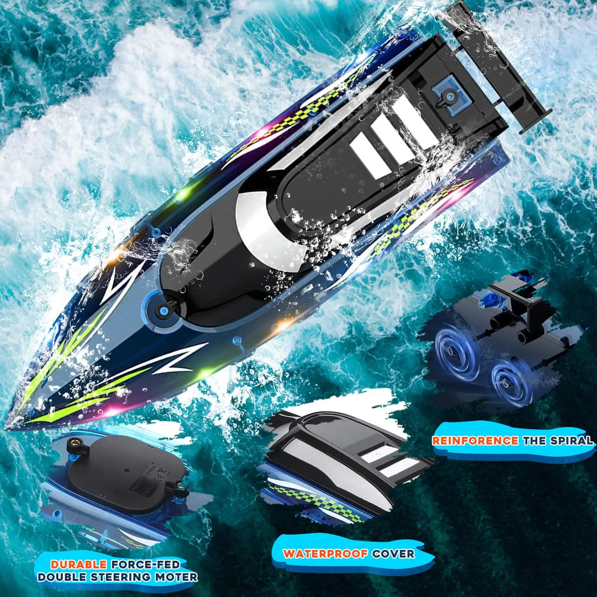 Un bateau RC LED haute performance coupe l'eau bleue, mettant en évidence son moteur à double direction durable