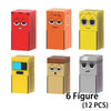 Six colorful magnetic building blocks figures in red, orange, and yellow with expressive faces.