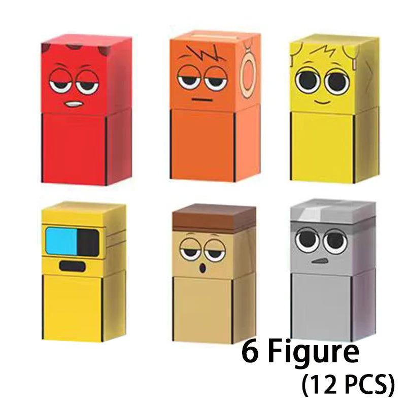 Six colorful magnetic building blocks figures in red, orange, and yellow with expressive faces.