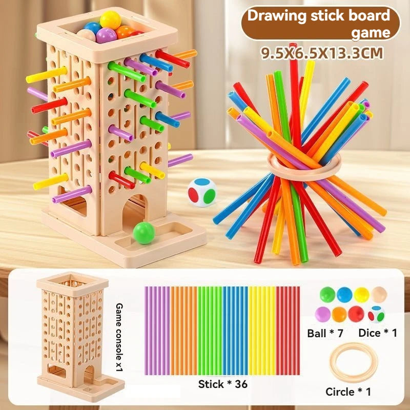 A wooden stacking tower game featuring 36 colored sticks and a base for building towers.