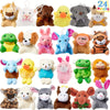 A collection of 24 mini plush animal stuffed toys in various colors and textures.