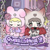 A blind box collectible figure of an animal castle theme featuring a pink bunny and a gray cat in a purple and pink setting.