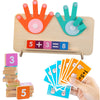 A wooden finger counting math toy showing five fingers and three fingers adding up to eight