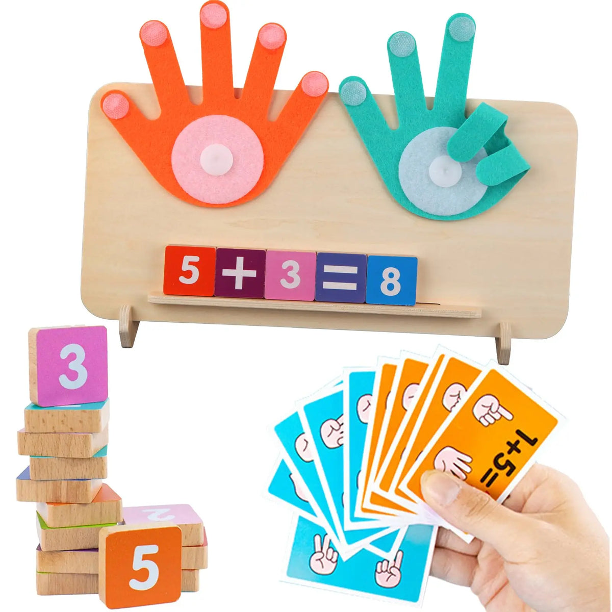 A wooden finger counting math toy showing five fingers and three fingers adding up to eight