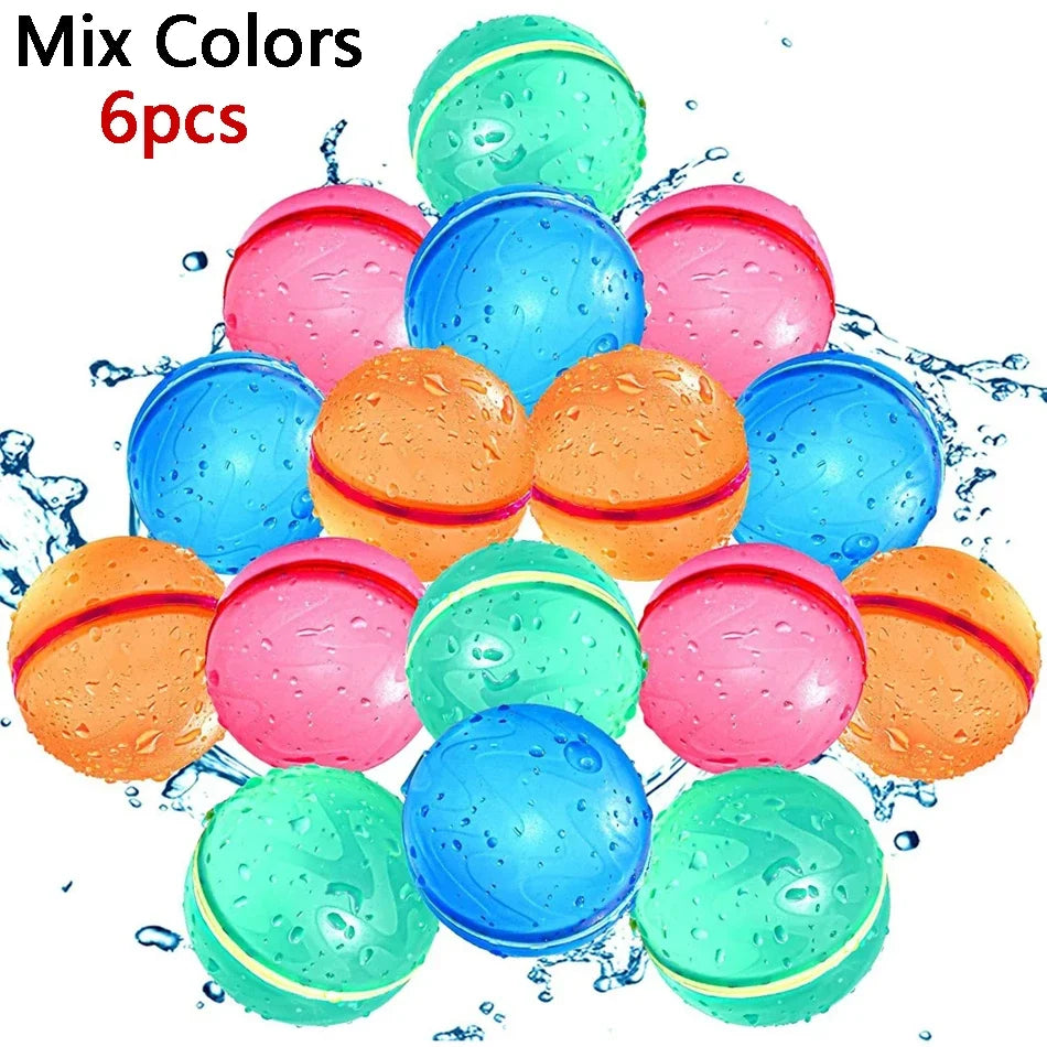 A collection of six colorful, reusable water balloons in pink, blue, and orange shades.