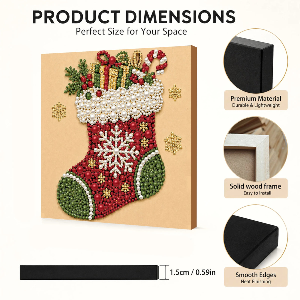 Framed Christmas stocking art kit featuring a red and green stocking with white pearl and diamond embellishments