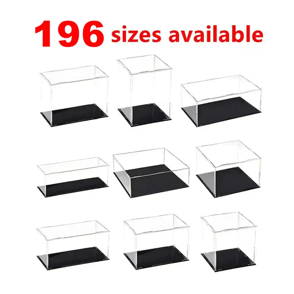 196 sizes of clear acrylic display boxes for collectibles shown in various configurations