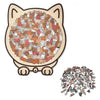 A wooden jigsaw puzzle shaped like a cat, featuring 135 unique pieces.