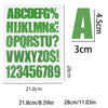 A sheet of green DIY iron-on heat transfer patches showing the alphabet and numbers.