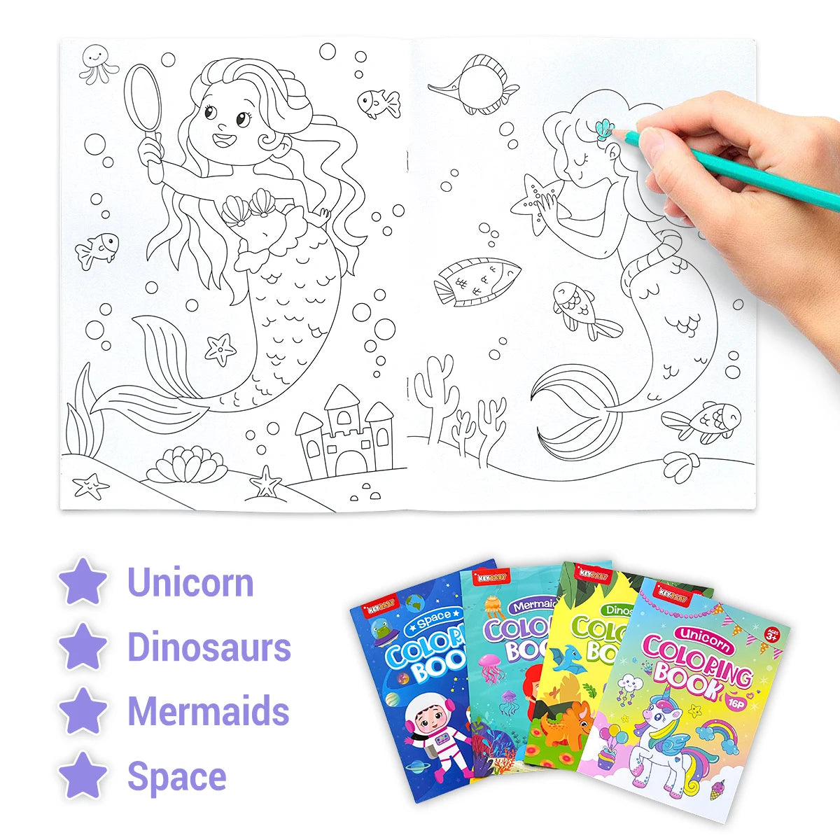 An open coloring book showing outlines for unicorn, dinosaur, mermaid, and space themes.