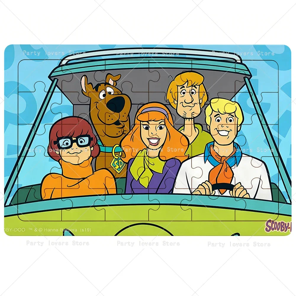A jigsaw puzzle featuring characters from Scooby-Doo in a vintage car setting.
