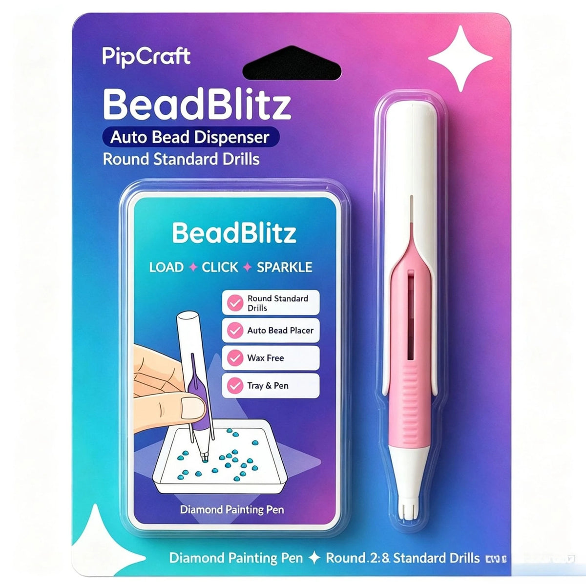 PipCraft BeadBlitz auto bead dispenser tool with a diamond painting pen and round standard drills.