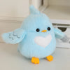 A light blue cartoon bird plush keychain with black eyes and a white heart patch on the chest.