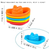 A stack of colorful floating bath boat toys in orange, yellow, blue, and red, showing various sizes.
