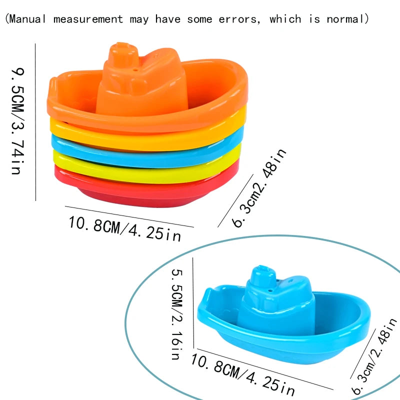 A stack of colorful floating bath boat toys in orange, yellow, blue, and red, showing various sizes.