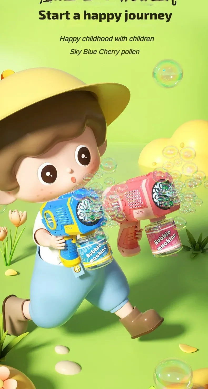 A cartoon child is shown using an electric bubble machine toy to create bubbles.