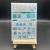 A vertical display of various cute decorative stickers on clear sheets with a light blue background.