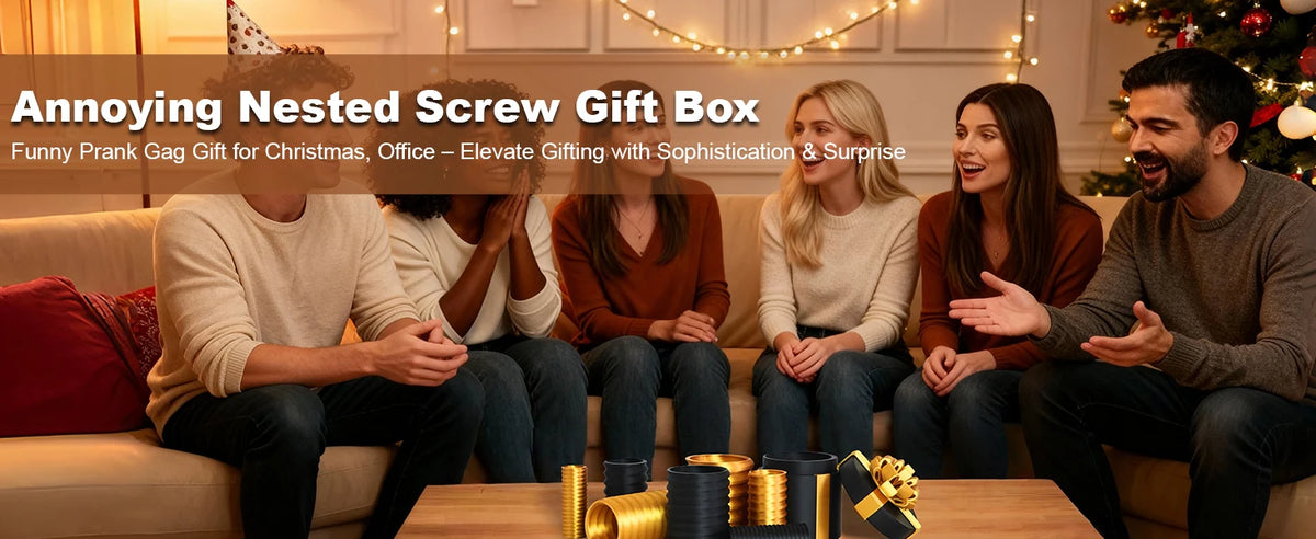 Five people are gathered around a wooden table displaying nested screw gift boxes for cash and gifts.