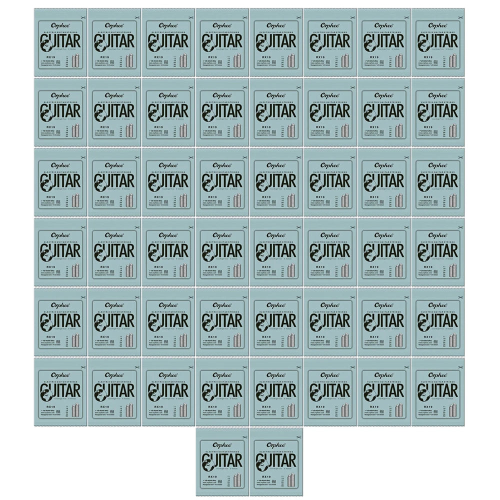 A grid of guitar strings packaged in individual plastic cases, showing various sizes and sets.