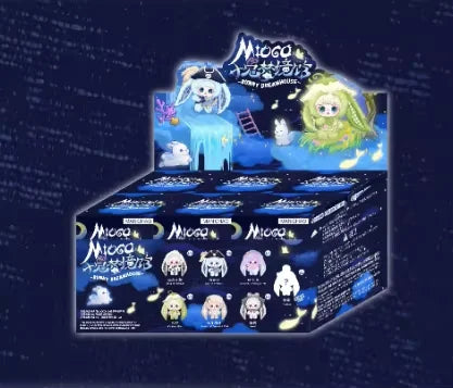 A blind box featuring a plush doll of Mioco from the Realm of Oblivion set against a dark blue background.