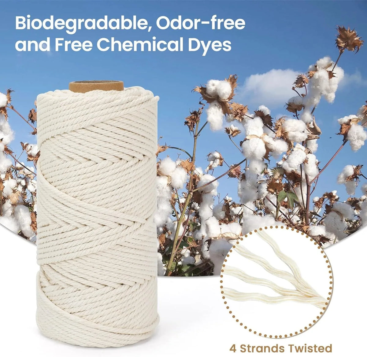 Roll of natural off-white cotton macrame rope with four twisted strands against a background of dried white flowers