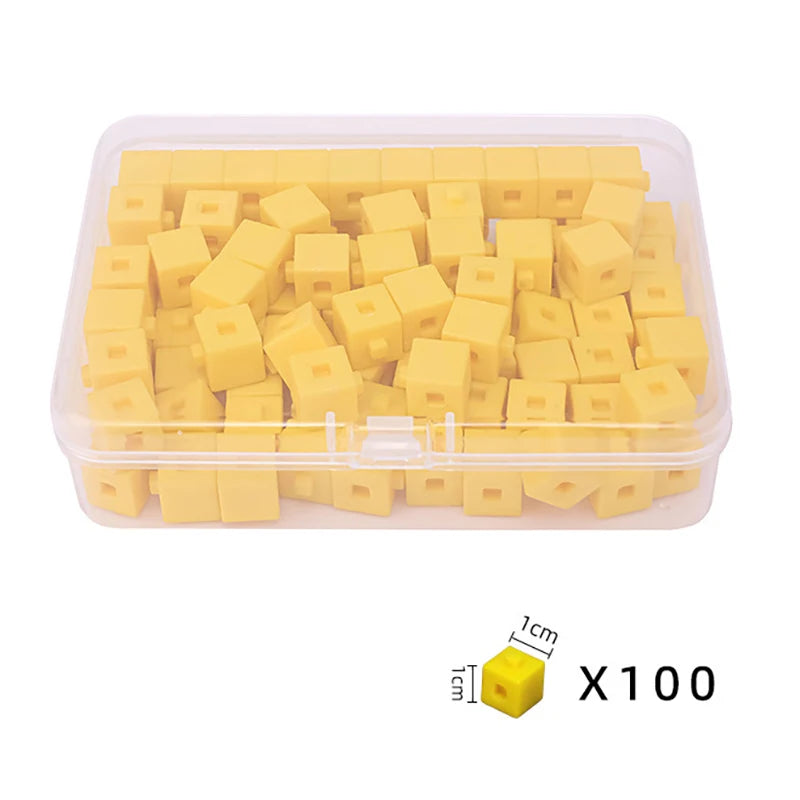 A clear plastic container filled with 100 yellow linking cubes for early math learning.