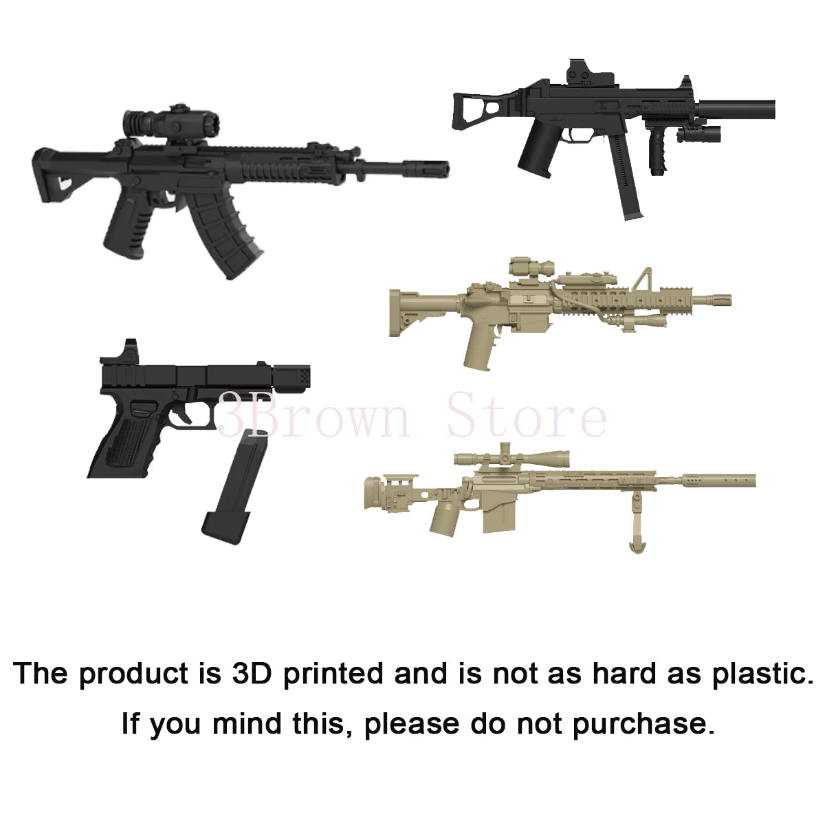 3D printed military building block set featuring various gun and helmet accessories.
