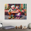 A jigsaw puzzle depicting a cheerful elderly couple enjoying a meal in a café setting.