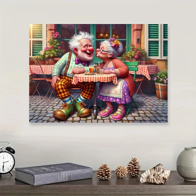 A jigsaw puzzle depicting a cheerful elderly couple enjoying a meal in a café setting.