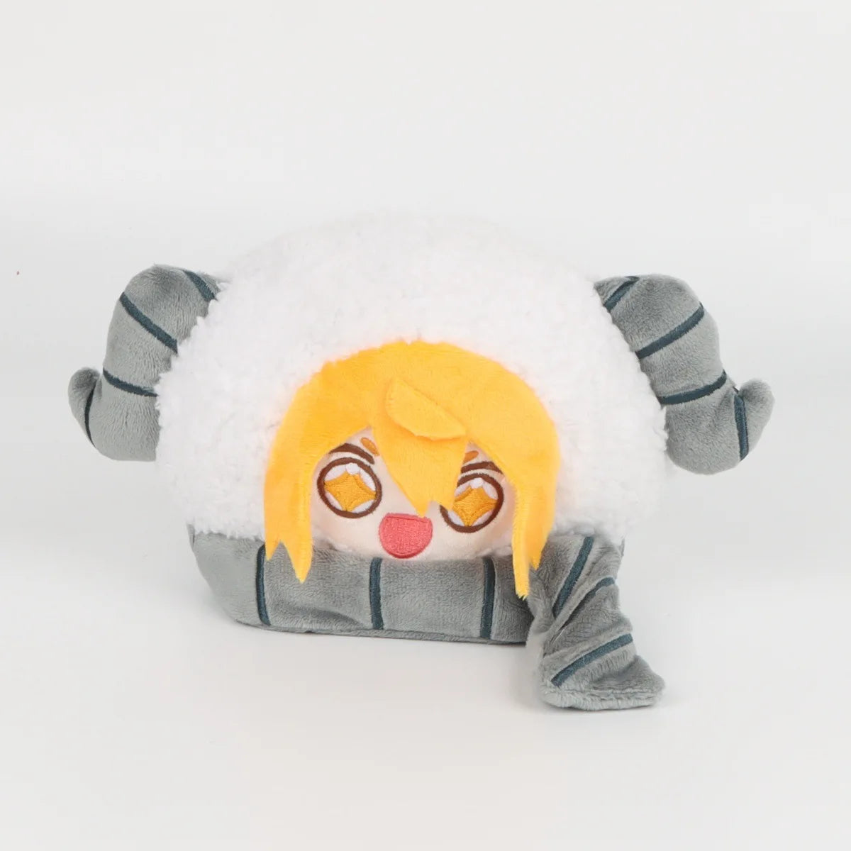 A plush doll resembling Don Quixote with white sheep-like fur, orange hair, and gray clothing.